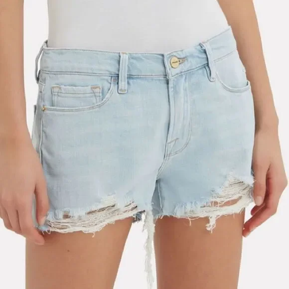 FRAME Le Cut Off Denim Shorts Hurrah Light Wash Raw Hem Distressed Size 27